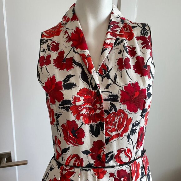 Jil Sander NAVY Designer Fit & Flare Pleated Floral Shirt Dress Ecru Red Sz 34 - Picture 4 of 15